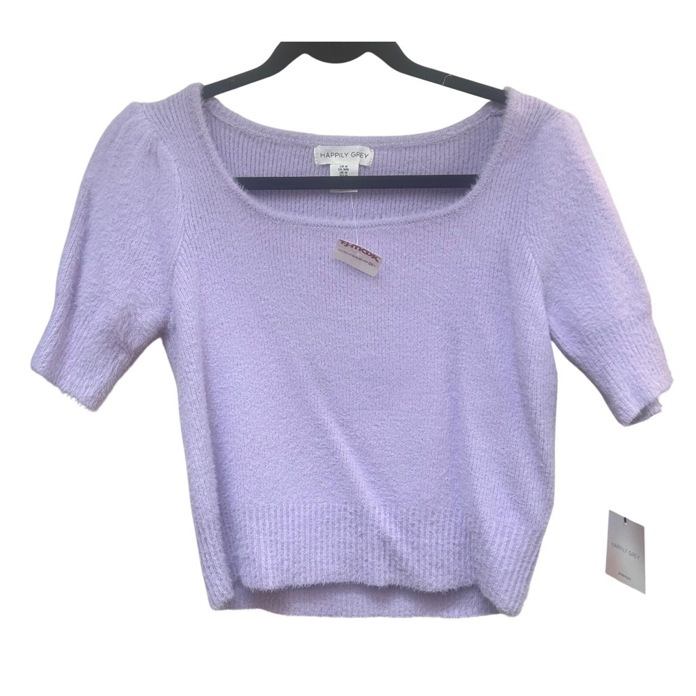 Happily Grey Womens Lilac Purple‎ Fuzzy Knit Square Neck Puff Sleeve Sweater Med